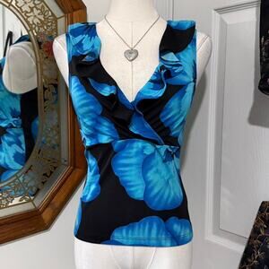 VTG Y2K Eyeshadow Black & Bright Blue Floral Pattern Ruffled Sleeveless Top